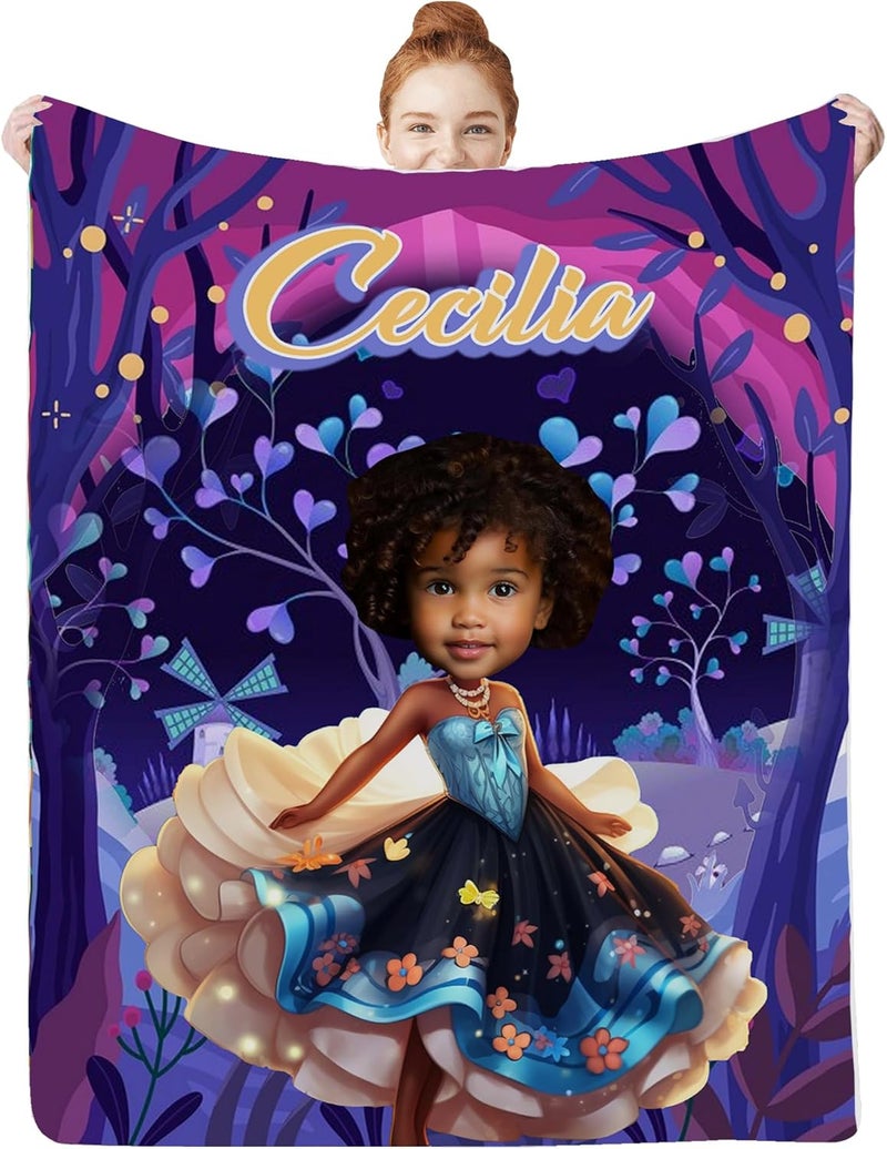 Artsadd Personalized African American Girl Fleece Throw Blanket with Photo Name Custom Afro Black Girl Blanket for Kids Toddler, African Baby Girl Gift, Baby Blankets for Newborn Chrismas Birthday Gift - Image 1